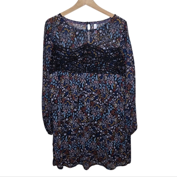 Xhilaration | Floral Print Boho Dress Crochet Lace Front Sheer Upper & Sleeves - Picture 1 of 8